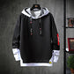 Black hoodie sweater with hood, black drawstrings, kangaroo pocket, contrast inner cuffs