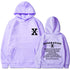 Loose hoodie in light purple with hood, front pouch pocket, and chest/back graphic print.