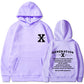 Loose hoodie in light purple with hood, front pouch pocket, and chest/back graphic print.