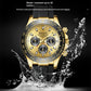Gold-tone mechanical-style men’s watch with black dial and black rubber strap