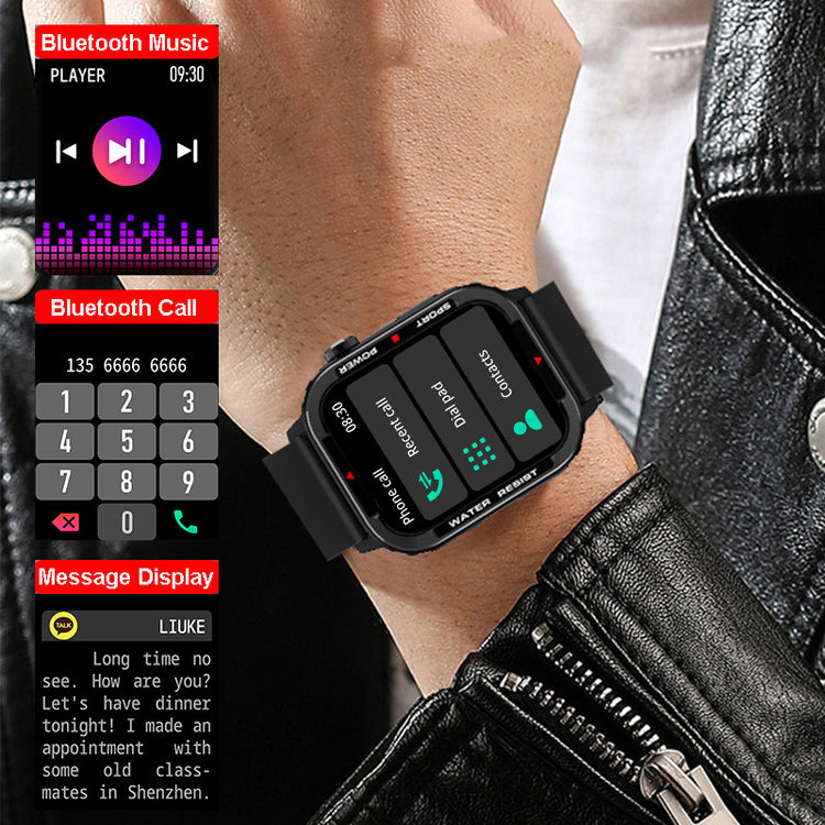 Bluetooth sports smartwatch on wrist with black band and music/call icons on display
