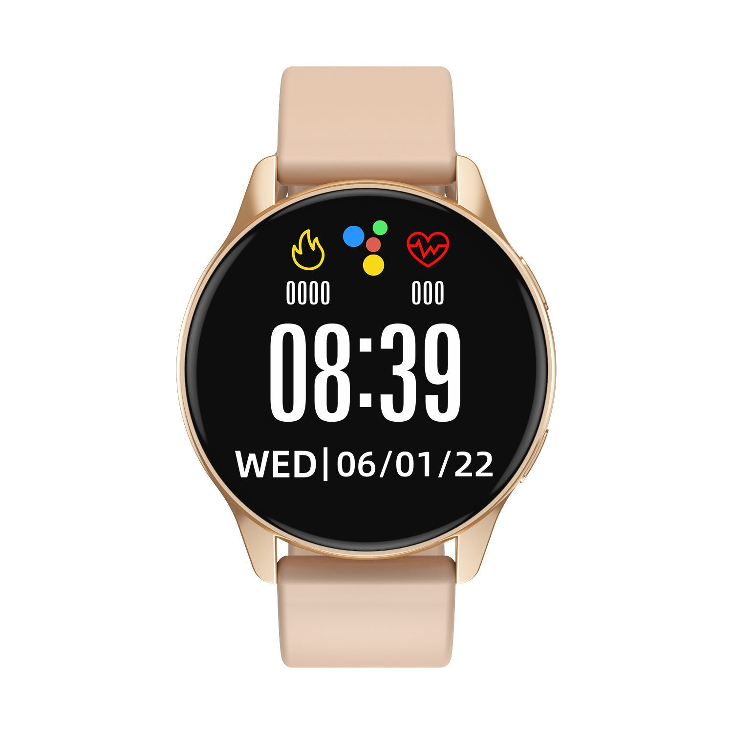Smartwatch with rose gold case and light beige silicone band, showing 08:39 display.
