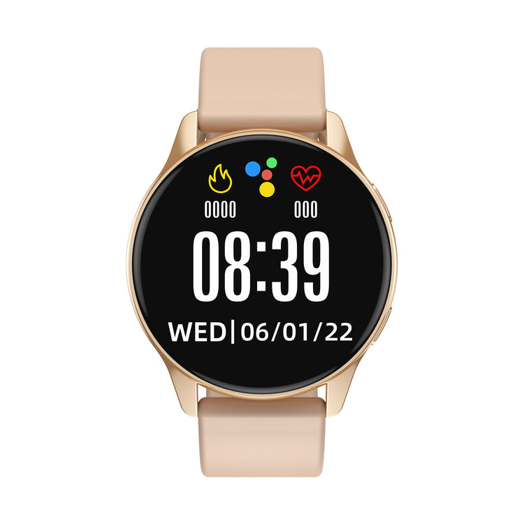 Smartwatch with rose gold case and light beige silicone band, showing 08:39 display.