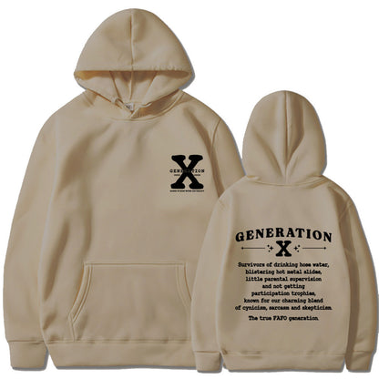 Loose hoodie in tan with hood, front pouch pocket, and chest/back graphic print.