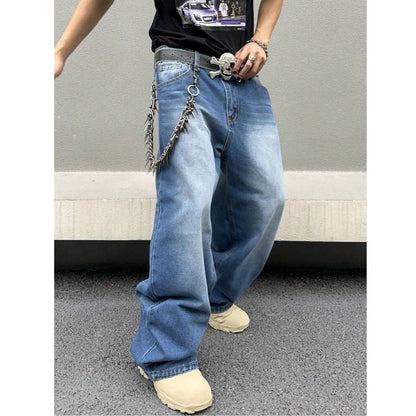 Sky blue straight loose jeans with chain charm on belt and cuffed hem