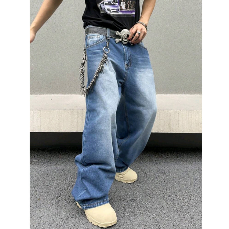 Sky blue straight loose jeans with chain charm on belt and cuffed hem