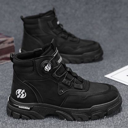 Men’s black high-top casual shoes with black laces and rugged thick outsole
