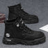 Men’s black high-top casual shoes with black laces and rugged thick outsole