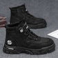 Men’s black high-top casual shoes with black laces and rugged thick outsole