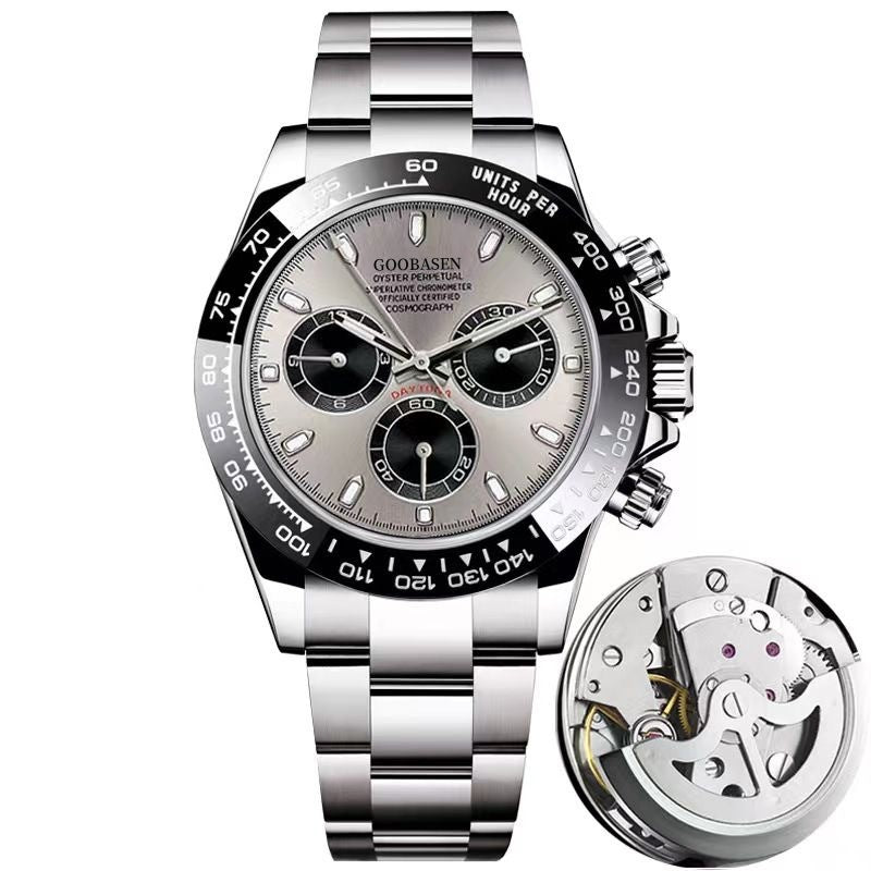Silver-tone mechanical-style men’s watch with light dial and open caseback inset