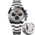 Silver-tone mechanical-style men’s watch with light dial and open caseback inset
