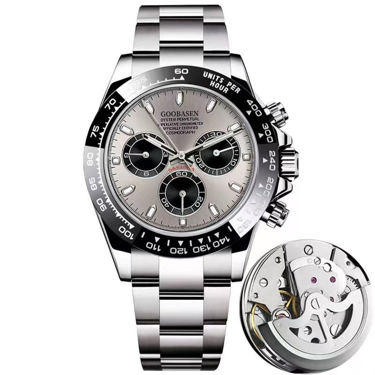 Silver-tone mechanical-style men’s watch with light dial and open caseback inset