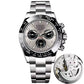 Silver-tone mechanical-style men’s watch with light dial and open caseback inset