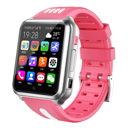 Children phone watch with pink case, black screen, and perforated pink strap