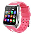 Children phone watch with pink case, black screen, and perforated pink strap