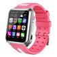 Children phone watch with pink case, black screen, and perforated pink strap