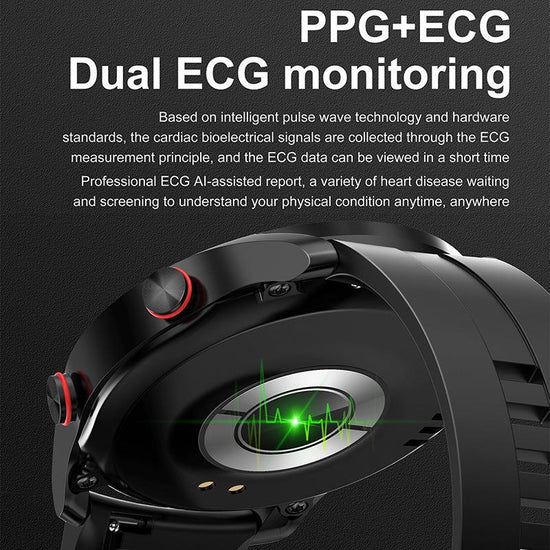 Smart watch with black round face and dark band, featuring ECG-style wave graphic