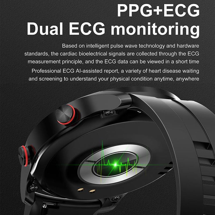 Smart watch with black round face and dark band, featuring ECG-style wave graphic