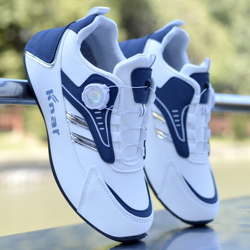 Leather waterproof sneakers in white with navy accents, lace-up with side strap detail