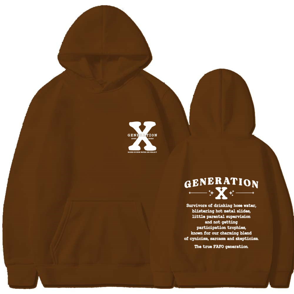 Brown loose-fit hoodie with hood, front pocket, and &