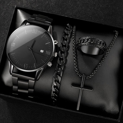 Quartz watch set with silver-tone watch, link bracelet, cross necklace, and dark ring