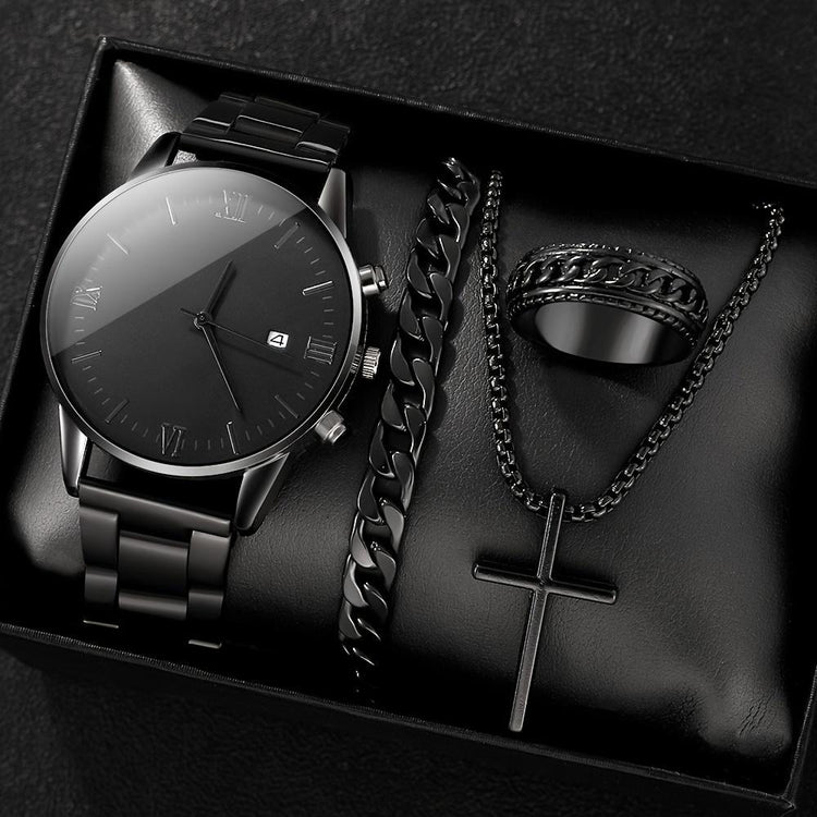 Quartz watch set with silver-tone watch, link bracelet, cross necklace, and dark ring