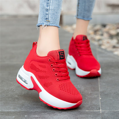 Red knit mesh lace-up sneakers with white platform air-cushion sole
