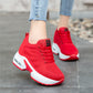 Red knit mesh lace-up sneakers with white platform air-cushion sole
