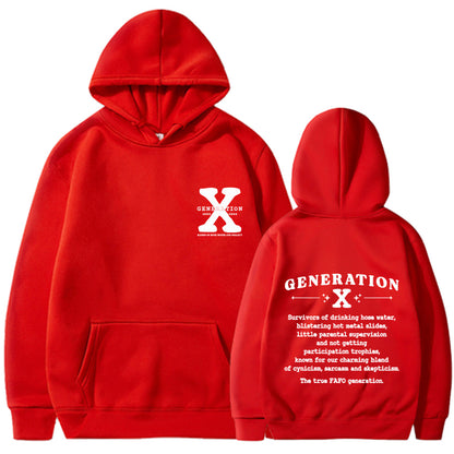 Red loose pullover hoodie with hood and kangaroo pocket, front logo and back text print.
