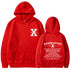 Red loose pullover hoodie with hood and kangaroo pocket, front logo and back text print.