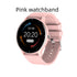 PulseMate Pro smartwatch with pink strap, round face showing time and stats