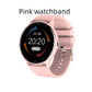 PulseMate Pro smartwatch with pink strap, round face showing time and stats