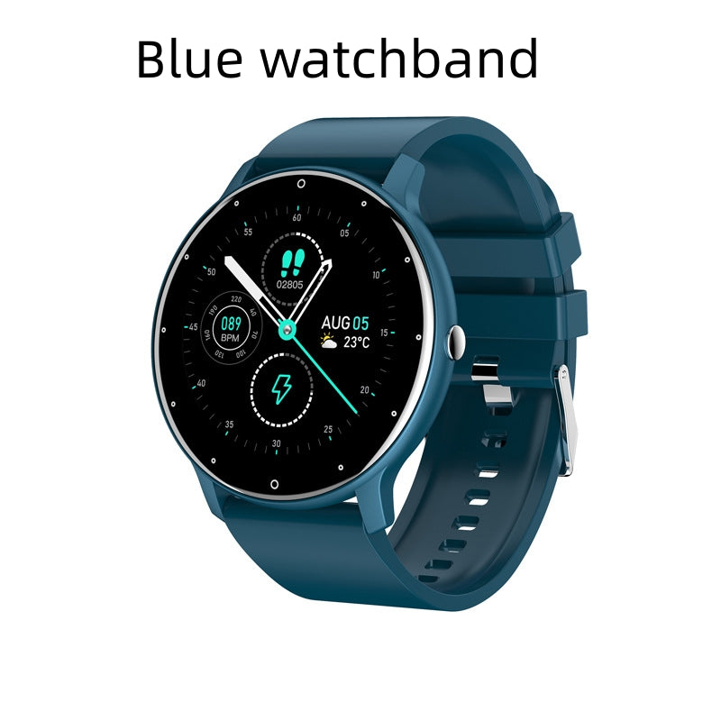 PulseMate Pro smartwatch with blue strap, round face showing time and stats