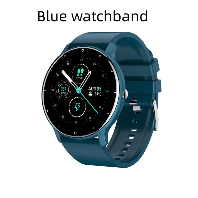 PulseMate Pro smartwatch with blue strap, round face showing time and stats