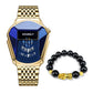 Gold-tone smartwatch with blue digital face and black bead Pixiu charm bracelet