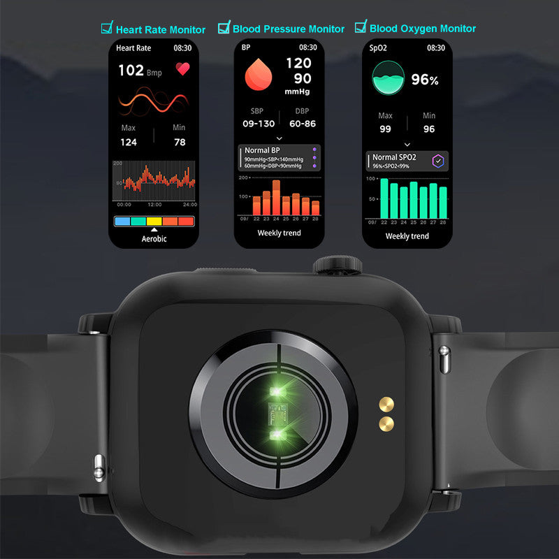 Smartwatch back housing with round sensor and metal charging contacts