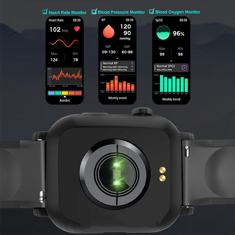 Smartwatch back housing with round sensor and metal charging contacts