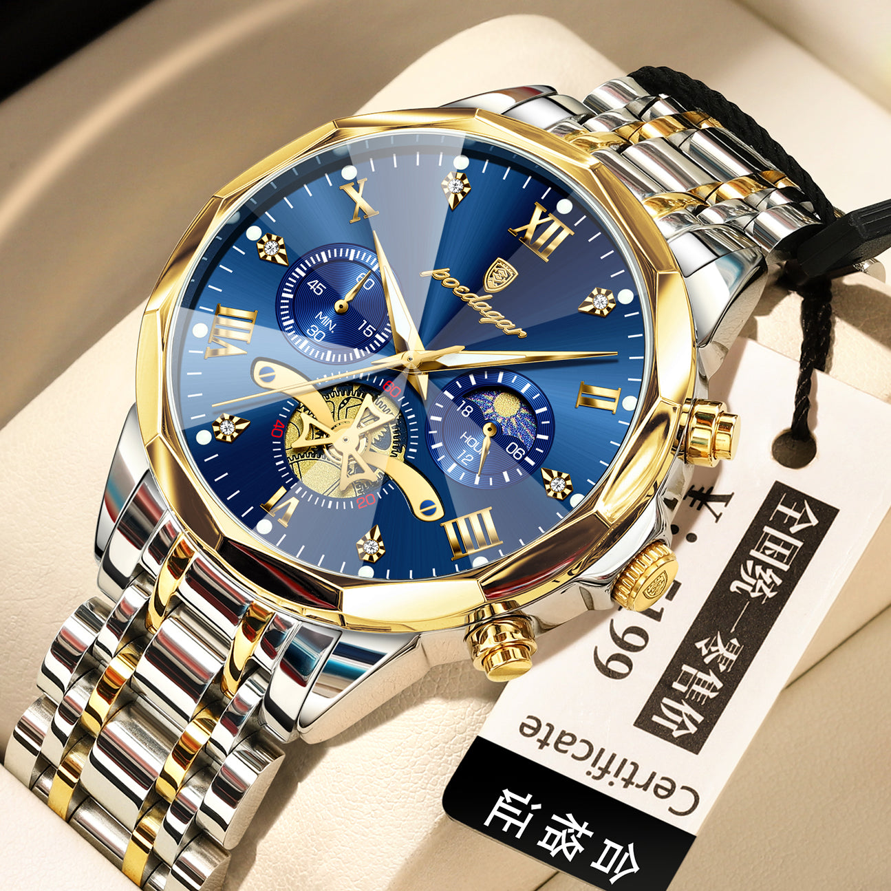 Men’s quartz watch with blue dial, gold bezel, and two-tone metal bracelet strap