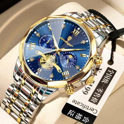 Men’s quartz watch with blue dial, gold bezel, and two-tone metal bracelet strap