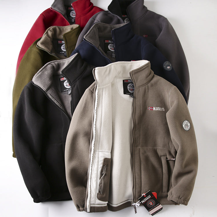 Fleece-lined polar fleece jackets in multiple colors, zip-front with stand collar