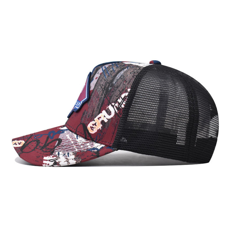Graffiti baseball cap with red crown and black mesh side panel