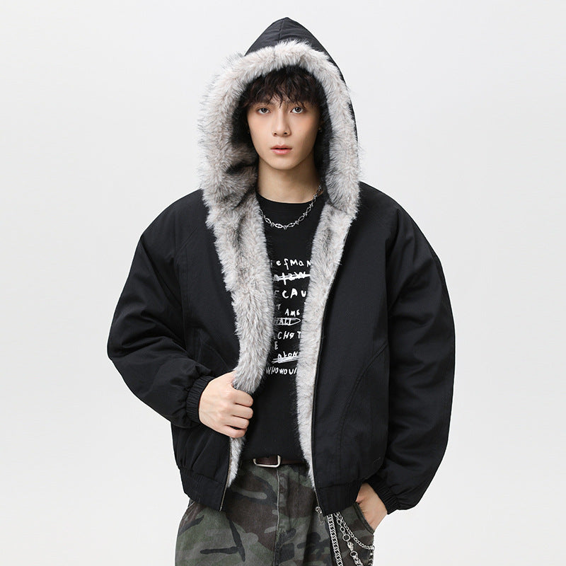 Black cotton padded jacket with fleece-lined hood and faux fur trim