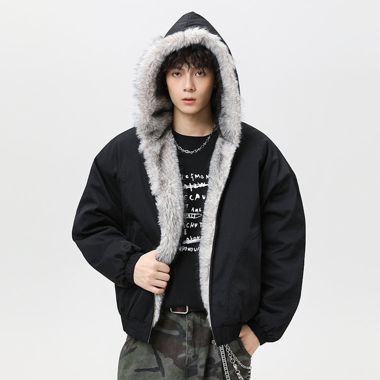 Black cotton padded jacket with fleece-lined hood and faux fur trim