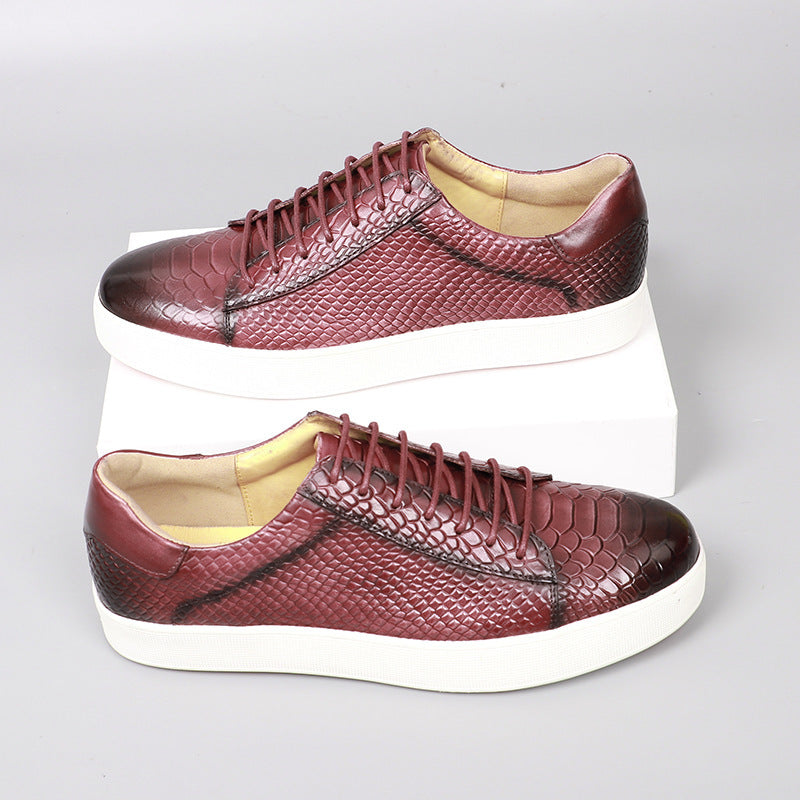 Lace-up embossed leather casual shoes in brick red with white rubber sole