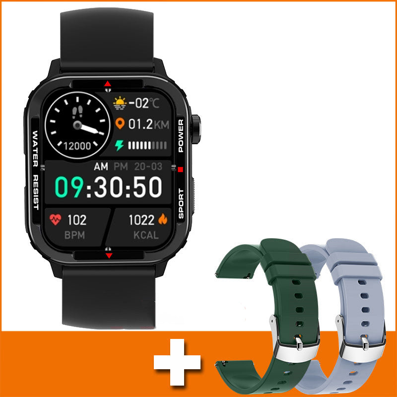 Sports smartwatch with black silicone strap showing temperature, distance, and heart icons