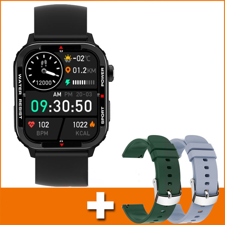 Sports smartwatch with black silicone strap showing temperature, distance, and heart icons