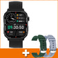Sports smartwatch with black silicone strap showing temperature, distance, and heart icons