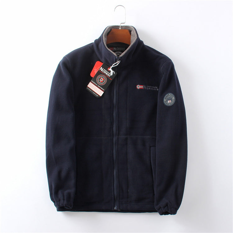 Fleece-lined polar fleece jacket, navy with zip-front and stand collar