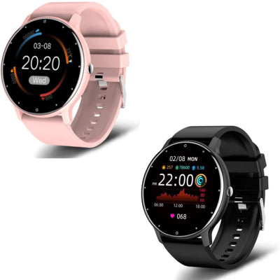 Smartwatch with pink silicone strap and black bezel
