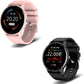 Smartwatch with pink silicone strap and black bezel